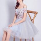 Short-sleeve Off Shoulder Floral A-line Party Dress