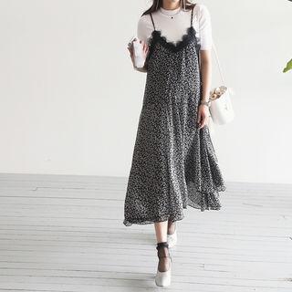 Lace-trim Floral-pattern A-line Midi Spaghetti Strap Dress