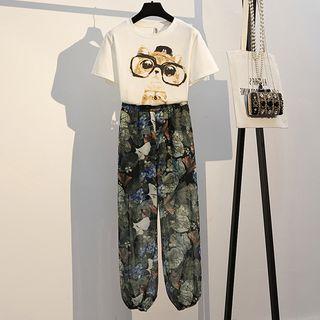 Set: Short-sleeve Cat Print T-shirt + Print Harem Pants