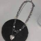 Heart Rhinestone Faux Pearl Pendant Stainless Steel Necklace Silver - One Size
