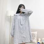 Plaid Collared Long-sleeve Shift Dress Light Blue - One Size