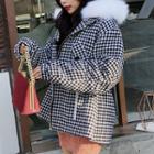 Faux-fur Hooded Zip-up Check Jacket