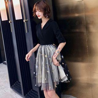 Elbow Sleeve Mesh Panel Embroidered V-neck Cocktail Dress