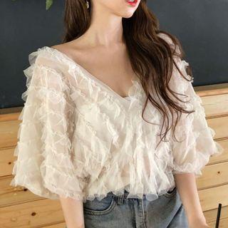 V-neck Elbow-sleeve Top Almond - One Size
