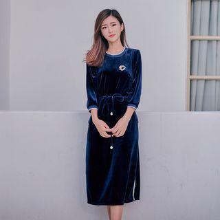 Contrast Trim Pleuche Midi Pullover Dress