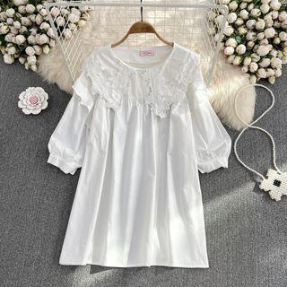 Puff Sleeve Lace Collar Oversized Dress White - One Size