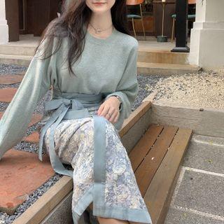 Puff Sleeve Round-neck Plain Cardigan / Tie-waist Floral Printed Maxi Wrap Skirt