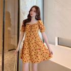 Sweetheart-neck Floral Print Dress Yellow - One Size