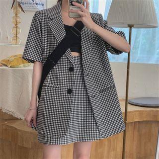 Plaid Short-sleeve Blazer / A-line Skirt
