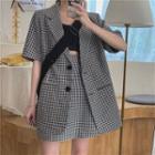 Plaid Short-sleeve Blazer / A-line Skirt