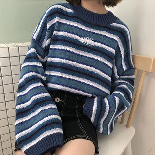 Mock Neck Striped Sweater Stripes - Blue - One Size