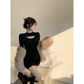Long-sleeve Cut Out Sheath Dress Black - One Size