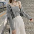 Set Of 2: Plain Camisole Top & Plain Cropped Cardigan Cardigan - Gray & Top - Gray - One Size