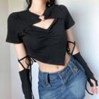 Side Drawstring Cutout Short Sleeve Triangle Top With Arm Sleeve