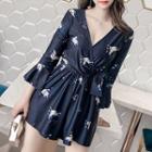 3/4-sleeve Crane Print Playsuit