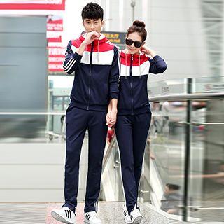 Set: Couple Hooded Color-block Jacket + Pants