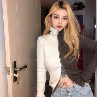 Turtleneck Two-tone Panel Zip Top