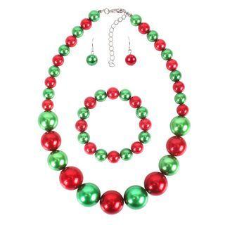 Set: Two-tone Bead Necklace + Bracelet + Drop Earring Red & Green - One Size