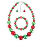 Set: Two-tone Bead Necklace + Bracelet + Drop Earring Red & Green - One Size