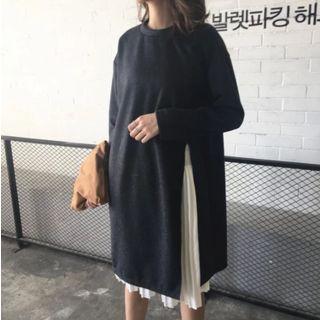 Set: Slit-side Long Sleeve Top + Pleated Tank Dress