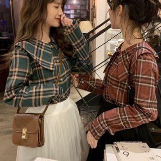 Collared Plaid Shirt / Midi A-line Mesh Skirt