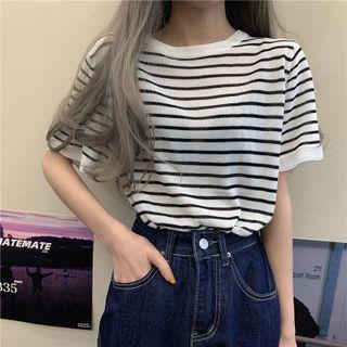 Round Neck Pinstriped Short Sleeve Top