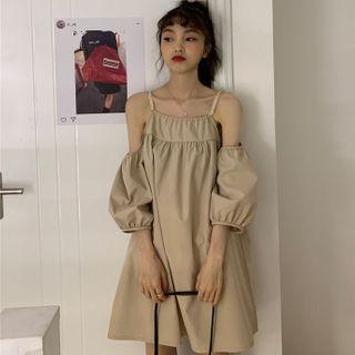 Puff-sleeve Cold Shoulder A--line Dress Camel - One Size