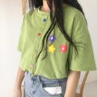 Short-sleeve Floral Printed Colour Button T-shirt