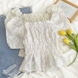 Puff-sleeve Square-neck Floral Embroidered Top