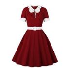 Short-sleeve Collared Bow Belted A-line Dress