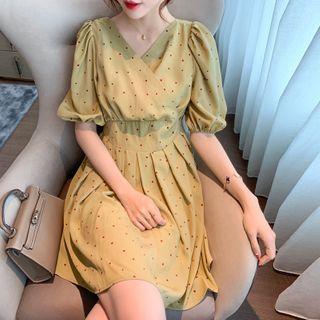 Dotted Short-sleeve Bow-back Mini A-line Dress