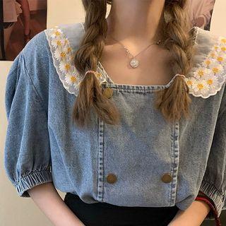 Flower Embroidered Puff-sleeve Denim Top