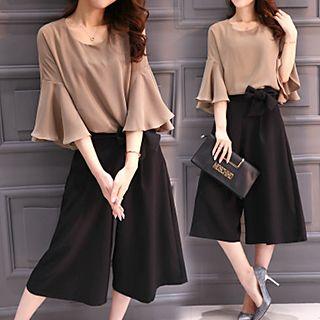 Set: Bell-sleeve Chiffon Top + Cropped Wide Leg Pants