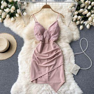 V-neck Ruched Asymmetrical Spaghetti-strap Dress