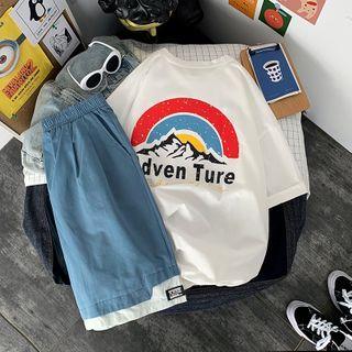 Short-sleeve Mountain Print T-shirt / Layered Shorts