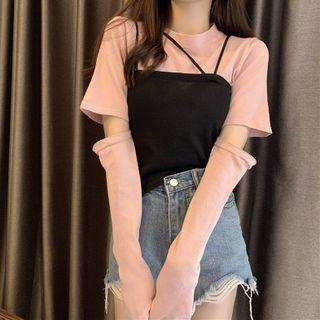 Set Of 2: Long-sleeve Ripped Plain T-shirt / Spaghetti-strap Plain Tank Top