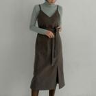 Slit-hem Long Overall Dress With Sash