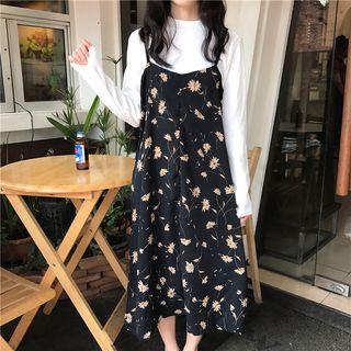 Set: Plain Mock Neck Long Sleeve T-shirt + Floral Print Spaghetti Strap Dress