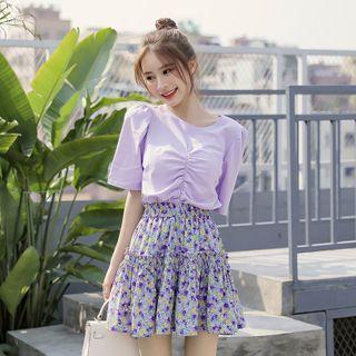 Short-sleeve Print Lace-up Blouse