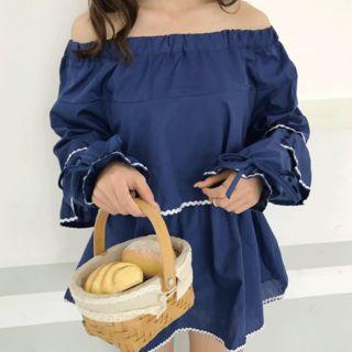 Off-shoulder Contrast-trim Layered Long-sleeve Blouse