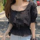 Puff-sleeve Lace Trim Cropped Blouse Black - One Size