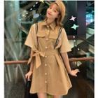 Elbow-sleeve Color Block Buttoned A-line Mini Dress