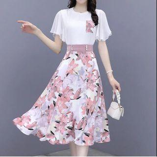 Set: Short Sleeve Floral Print Blouse + Floral Print Midi Skirt
