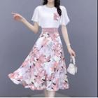Set: Short Sleeve Floral Print Blouse + Floral Print Midi Skirt