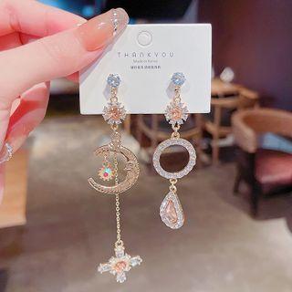 Moon & Star Rhinestone Asymmetrical Dangle Earring E1094 - Gold - One Size