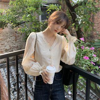 Puff-sleeve Embroidered Blouse Almond - One Size