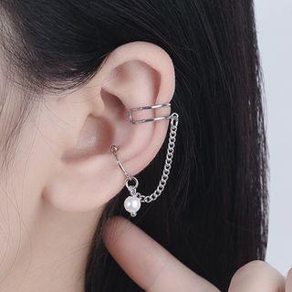 Faux Pearl Chained Cuff Earring 1 Pc - Silver - One Size