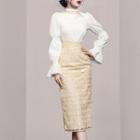 Set: Puff-sleeve Blouse + High-waist Lace Pencil Skirt