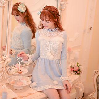 Lace Trim Pom Pom Frill Collar Long Sleeve Dress