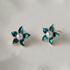 Flower Stud Earring 1 Pair - B188 - White Faux Pearl - Blue - One Size